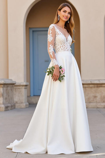 Ivory A Line V Neck Long Sleeve Wedding Dress with Appliques